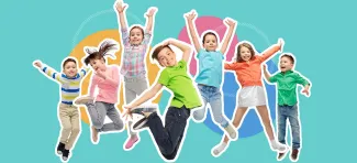 Lapsia hyppää ilmaan värikkäällä taustalla